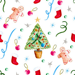 Seamless pattern for new year and christmas. Watercolor drawing.