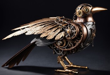 mechanical bird with detailed metal feathers - obrazy, fototapety, plakaty