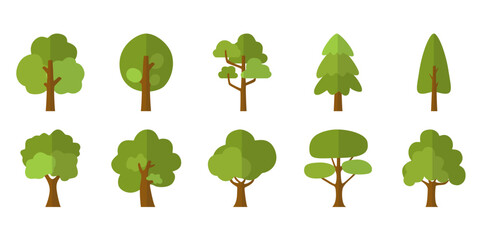 A collection of trees with flat style. Flat forest tree nature plant isolated eco foliage. Vector Illustration.