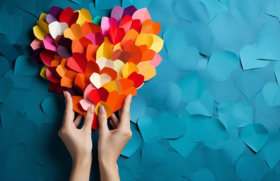 Photo of a person holding up a heart made out of coloured paper against a blue background created with Generative AI technology