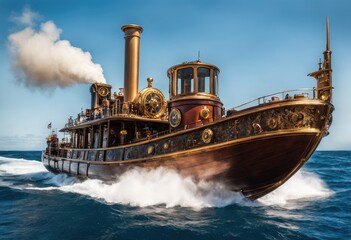 steam-powered boat navigating the high seas - obrazy, fototapety, plakaty