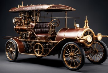 steam-powered car with complex mechanical components. - obrazy, fototapety, plakaty