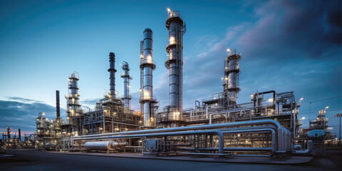 A modern petrochemical plant with intricate piping systems, distillation towers, and tanks, producing various chemical compounds.