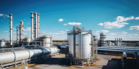 A modern petrochemical plant with intricate piping systems, distillation towers, and tanks, producing various chemical compounds.
