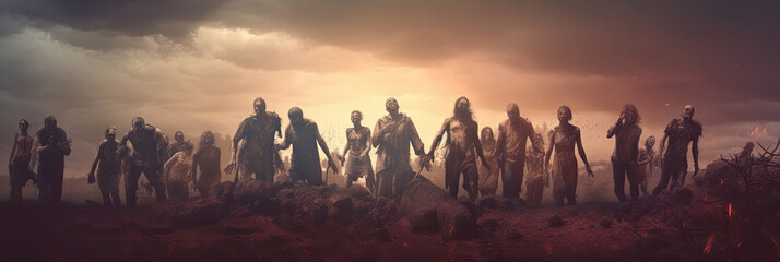 Apocalypse fantasy scene group of zombie walking. Halloween concept - obrazy, fototapety, plakaty