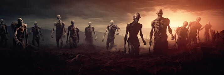 Apocalypse fantasy scene group of zombie walking. Halloween concept - obrazy, fototapety, plakaty