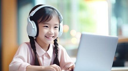 Asian girl student online learning class study online video call zoom teacher, Happy girl learn english language online with laptop at home.