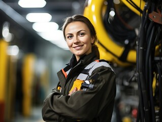 Portrait of a smiling female engineer at an oil refinery, confidently overseeing operations, maintaining safety standards, and ensuring the efficient production of petroleum products, generative ai