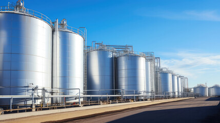 Large storage tanks and silos used for storing raw materials in an industrial facility.