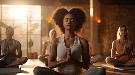 Multi-ethnic pretty women seated cross-legged do meditation practice during group workout yoga session at sports club lead by African female trainer.