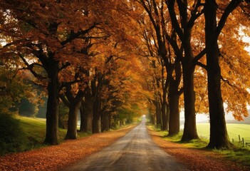  A tree-lined country road in the fall