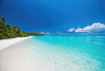 Fototapeta premium A tropical beach with turquoise water and white sand.