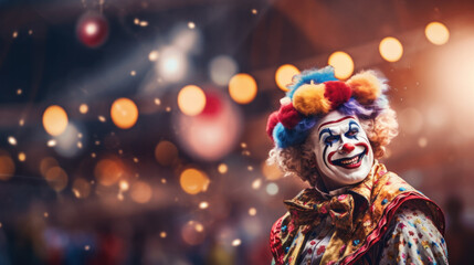 Portrait of Funny face Clown man in colorful uniform standing holding copy space. Happy expression male bozo in various pose with circus lights on background.