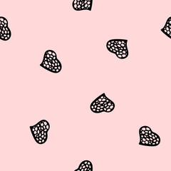 Hand Drawn Seamless Patterns with Hearts in Doodle Style.