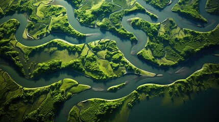Aerial view of a small river in the middle of green forest
