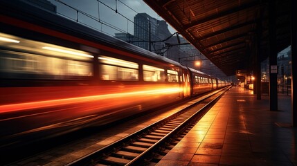 Train in the city at night with motion blur