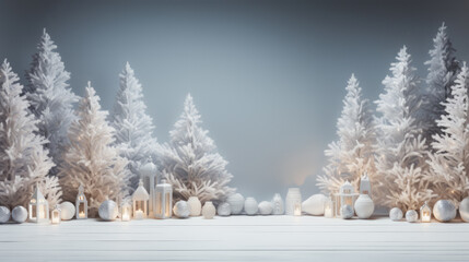 Fototapeta na wymiar Christmas, New Year home decor. Empty white wall mock up with white decorations.