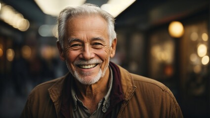 An old man with white hair and beard and smiling face