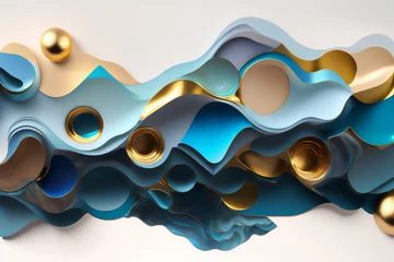 Fotobehang 抽象的な大理石の壁紙／樹脂ジオードと抽象アート／水彩ジオード絵画／ 金色、青、ターコイズ、グレー © sima-box