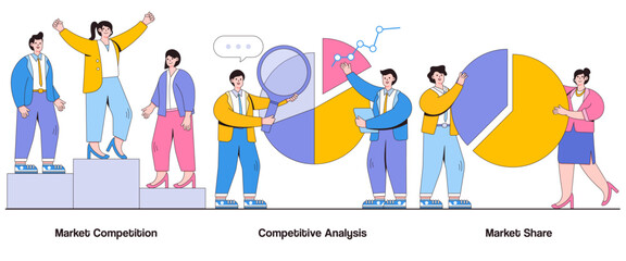 Market competition, competitive analysis, market share concept with character. Competitive landscape abstract vector illustration set. Differentiation strategies, competitive advantage metaphor