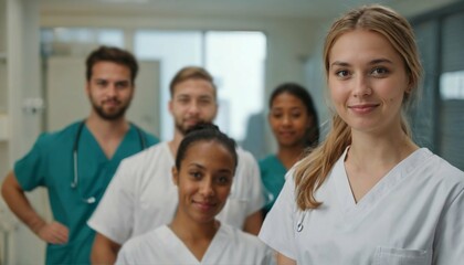 Fototapeta premium Nursing student standing with her team in hospital, dressed in scrubs, Doctor intern