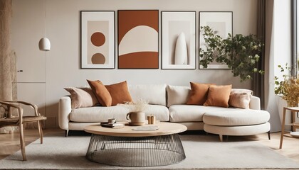 Artistic Scandinavian style living room - round coffee table, white corner sofa with terra cotta cushions, paneling wall with art poster