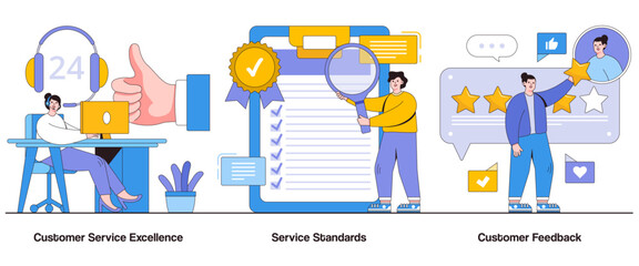 Customer service excellence, service standards, customer feedback concept with character. Customer support abstract vector illustration set. Customer-centric approach, service responsiveness metaphor