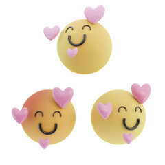 3D love emoji with smiles face in 3 angle view, 3d render.
