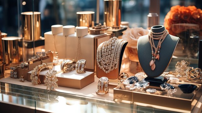 jewelry store window display with luxury jewellery and earrings