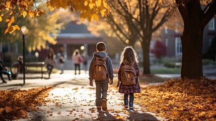 boy and girl with backpacks walking in autumn park - obrazy, fototapety, plakaty