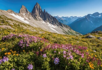 Fototapeta premium An alpine landscape of rugged peaks and wildflowers
