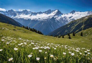 An alpine meadow with snow-capped mountains in the distance