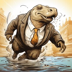 Business Hippo in cartoon style isolated on a white background