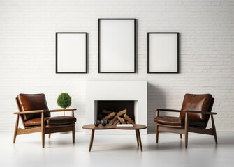 Three miniature picture frames on a white wall decorated with brown leather chairs and a table in front of a fireplace.