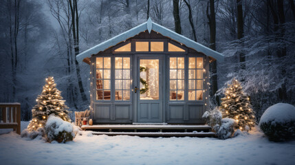 Fantastic winter landscape with glowing wooden cabin in snowy forest. Christmas holiday concept