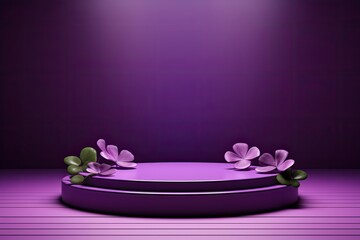 round purple podium close shot purple background studio with clover