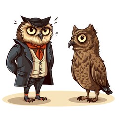 Philosophical Owl leads a discussion in cartoon style isolated on a white background