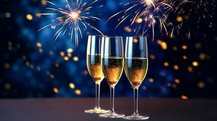 Glasses of champagne and golden fireworks, congratulations and happy new year concept background illustration.