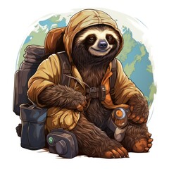Adventurous Sloth goes on a global expedition in cartoon style isolated on a white background