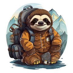 Adventurous Sloth goes on a global expedition in cartoon style isolated on a white background