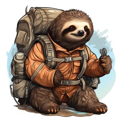Adventurous Sloth goes on a global expedition in cartoon style isolated on a white background