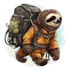 Adventurous Sloth goes on a global expedition in cartoon style isolated on a white background