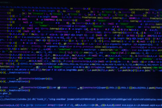 Software developer programming code. Abstract modern virtual computer script. Work of software developer programmer on desktop screen closeup. Online Internet cyberspace reality concept