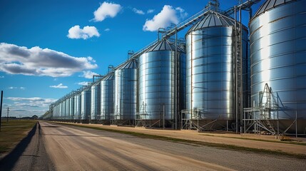 Modern silos for storing grain harvest. Agriculture and farming equipment.