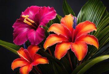 An arrangement of tropical flowers in bold, vibrant colors
