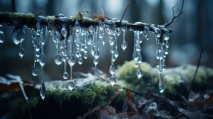 Frozen icicles hang on a branch - obrazy, fototapety, plakaty
