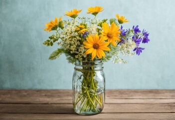 An arrangement of wildflowers in a mason jar.