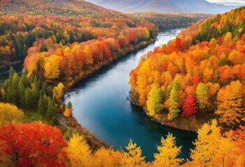 An autumn landscape with colorful leaves and a winding river