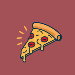 Vector illustration of Pizza slice logo with melted cheese and pepperoni. Cartoon sticker in comic style with contour. Decoration for greeting cards, posters, patches, prints for clothes, emblems