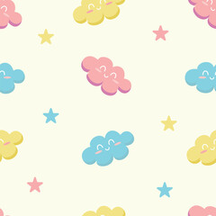 Cute colorful cloud smiling face seamless pattern background with yellow pink blue star glow, white repeating vector illustration
